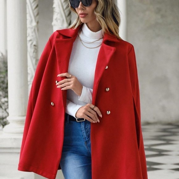 Red Casual Womens Lapel Neck Double Breasted Cape Overcoat - Picture 6 of 6